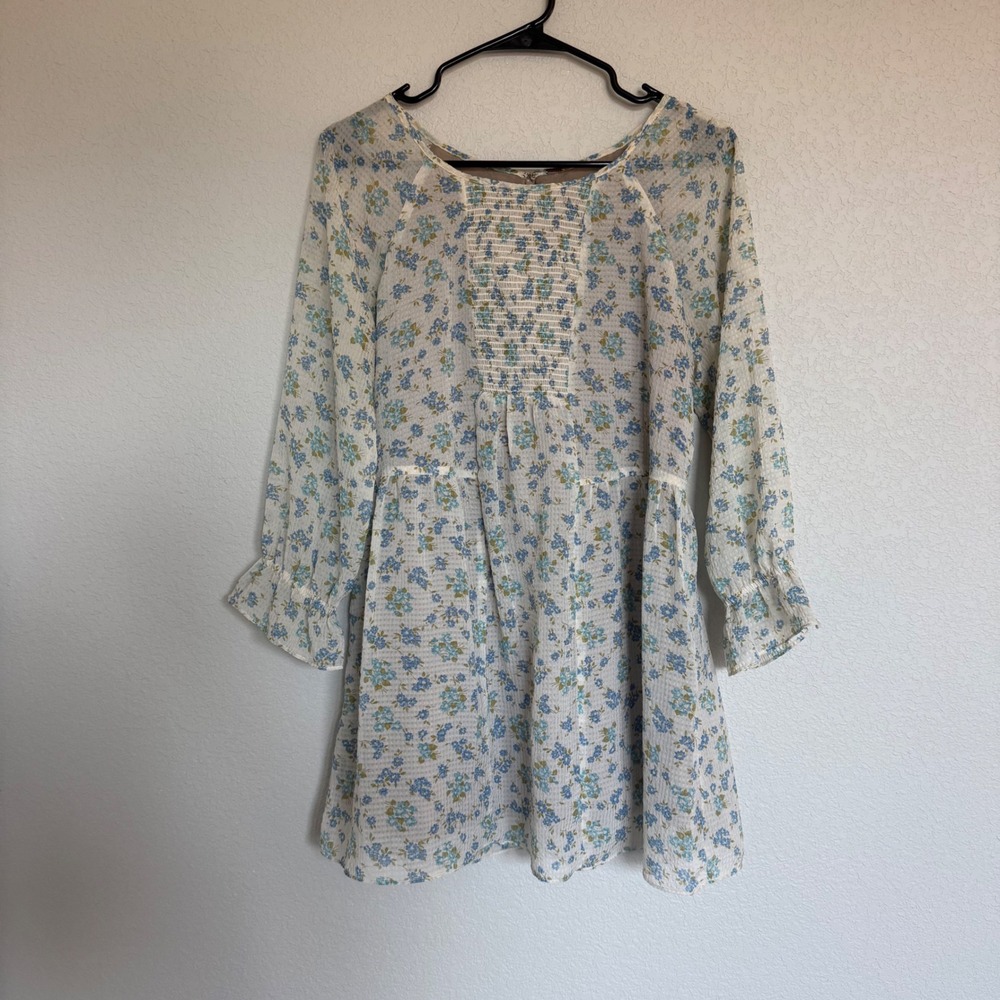 Free People Smocked Mini Dress Blue Floral Long Sleeve Boho Babydoll Cottagecore